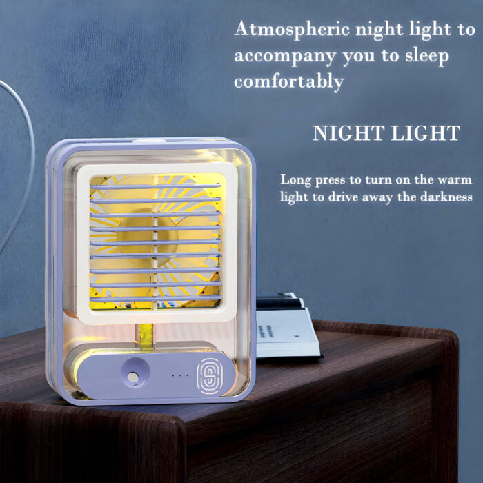 Rechargeable Transparent Fan with 3-Speed Wind, Night Light, Nano Spray Tech, Adjustable Grid