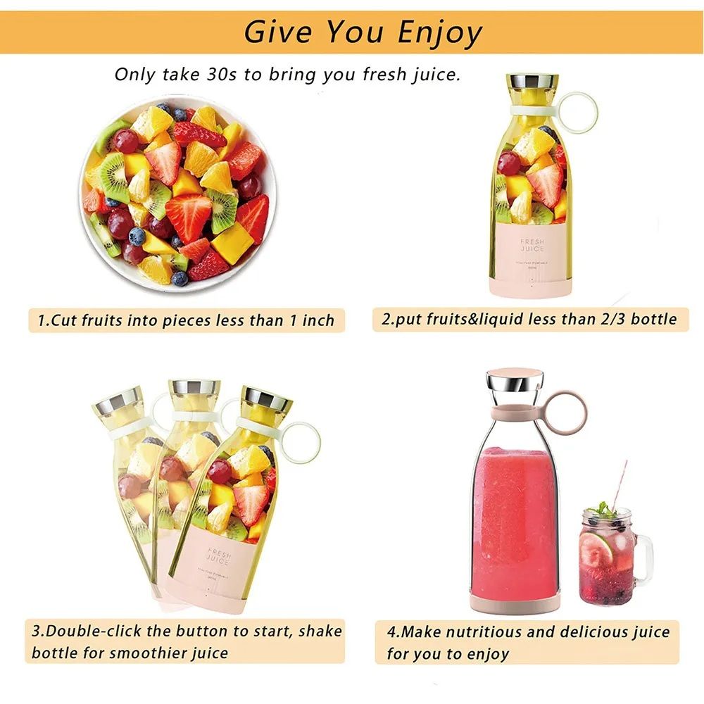 Portable And Electric Blender Bottle Juicer For Shakes And Smoothies, Mini Juicer Bottle For Traveling (Multicolour) USB Chargeable Juicer Blender6 Blades 380ml-Portable Juicer Cup & Smoothie Maker